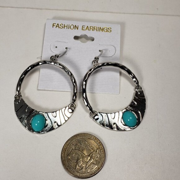 Textured Silver-Tone Hoop Drop Earrings w/ Turquoise Stone – Boho Dangle Jewelry - Picture 6 of 7